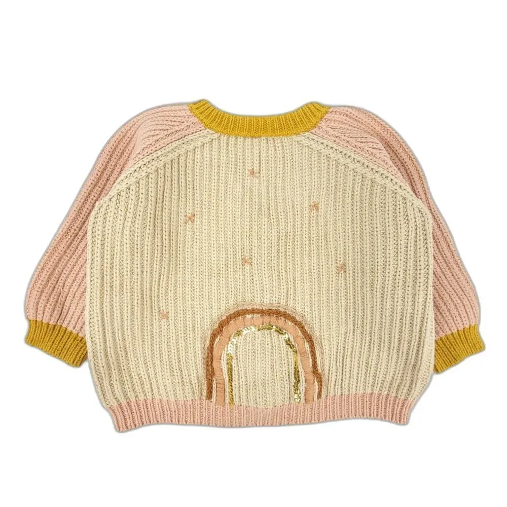 WILD WAWA Rainbow Cardigan Button Down Sweater Natural/Old Rose Toddler Girl 3/4